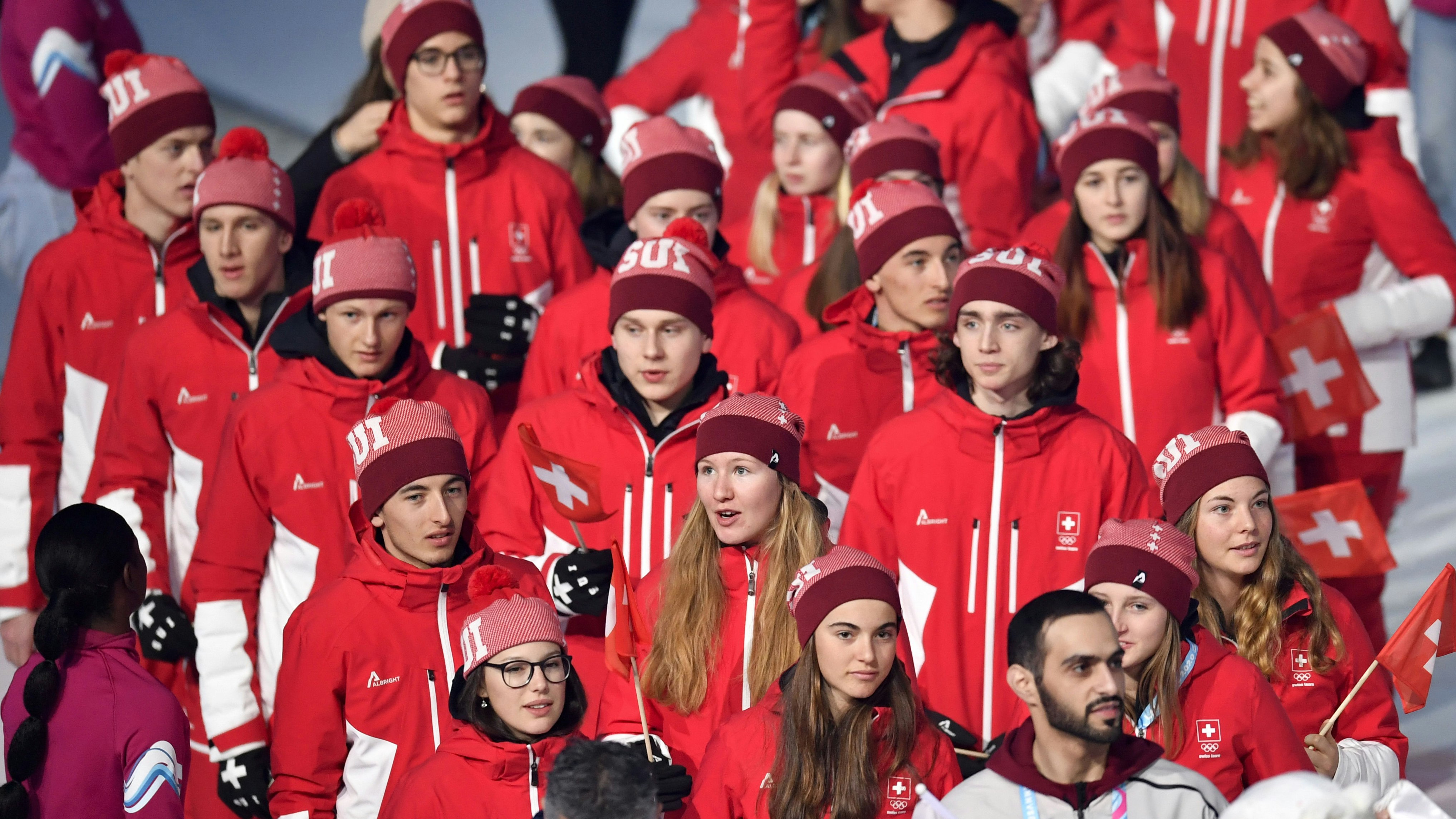The Swiss athletes parade during the opening ceremony of the Lausanne 2020 Winter Youth Olympic Games at the Vaudoise Arena, in Lausanne, Switzerland, Thursday, January 9, 2020. The 3rd Winter Youth Olympic Games will take place in Lausanne from 9 to 22 January 2020. (KEYSTONE/Gabriel Monnet)