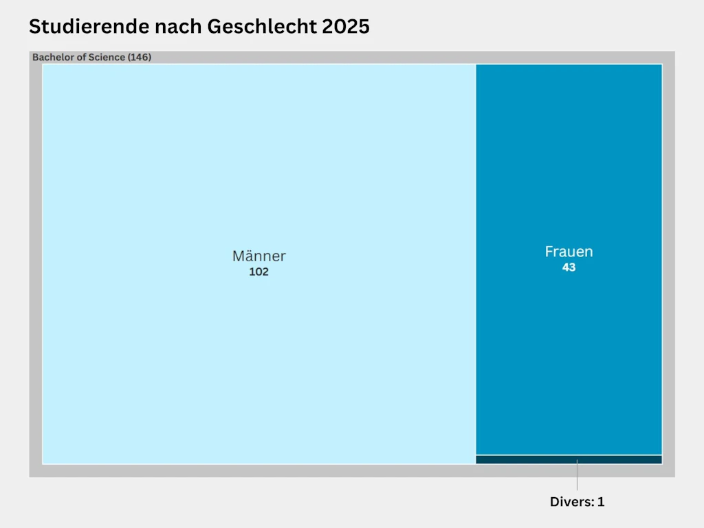 Treemap zur Verteilung der Studierenden nach Geschlecht im Bachelorstudiengang im Jahr 2025. Im Bachelor of Science studierten insgesamt 146 Personen, davon 102 Männer, 43 Frauen und 1 diverse Person.