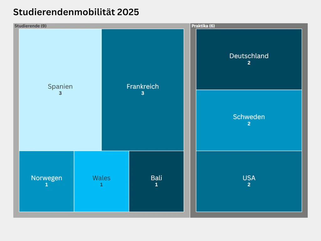 Treemap zur Verteilung der Auslandstudierenden nach Land im Jahr 2025. Insgesamt 9 Personen studierten im Ausland, davon 3 in Spanien, 3 in Frankreich und je eine Person in Norwegen, Wales und Bali. Insgesamt 6 Studierende absolvierten ein Praktikum im Ausland, davon je 2 Personen in Deutschland, Schweden und den USA.