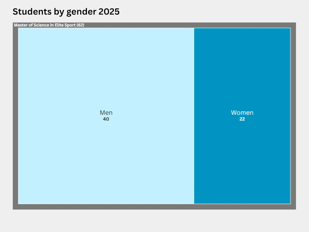 Treemap showing the distribution by gender of students on the Master’s degree programme in Elite Sport in 2025. Sixty-two students were pursuing an MSc in Elite Sport – 40 men and 22 women.