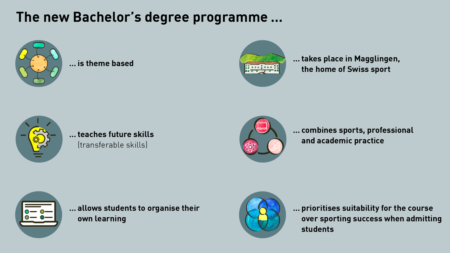 The new Bachelor's degree programme is theme based; teaches future skills (transferable skills), allows students to organise their own learning; takes place in Magglingen, the home of Swiss sport; combines sports, professional and academic practice; prioritises suitability for the cours over sporting success when admitting students