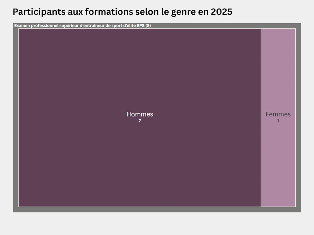 Carte proportionnelle représentant la répartition des participants à l’examen professionnel supérieur d’entraîneur de sport d’élite selon leur genre en 2025. 8 personnes, dont 7 hommes et une femme, se sont présentées à l’examen professionnel supérieur d’entraîneur de sport d’élite.